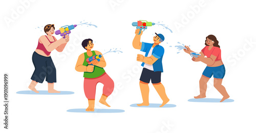 Multicultural Group Playing Water Guns During Songkran Festival, Festive Flat Style Illustration