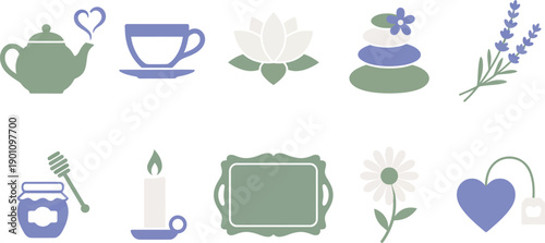 Mom's quiet moment tea and wellness icons with 10 elements sage green periwinkle porcelain white teapot heart steam tea cup saucer lotus flower stones lavender honey jar candle tray chamomile tea bag 