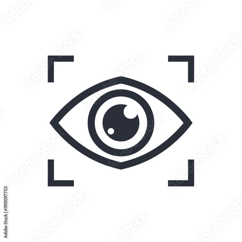 A minimalist graphic icon representing an eye within a square focus frame.
