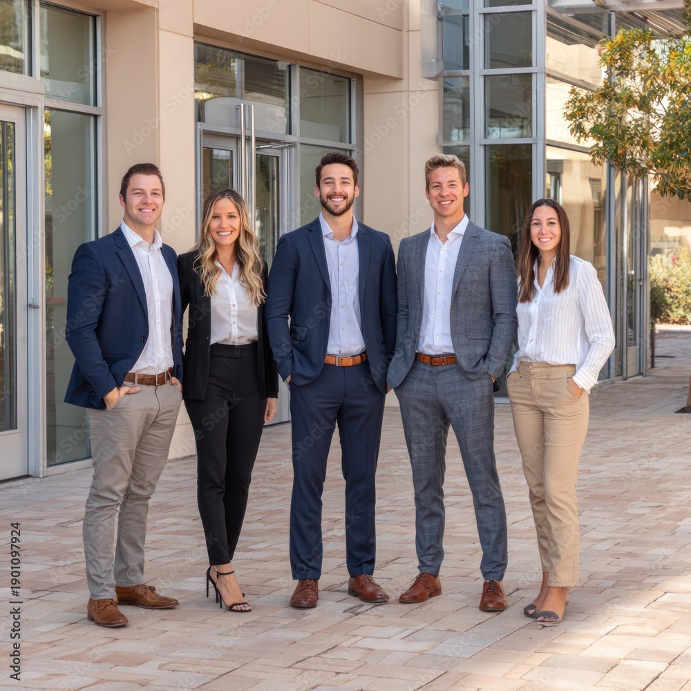 Fototapeta premium Five business professionals standing outdoors in front of an office building, dressed in professional attire.