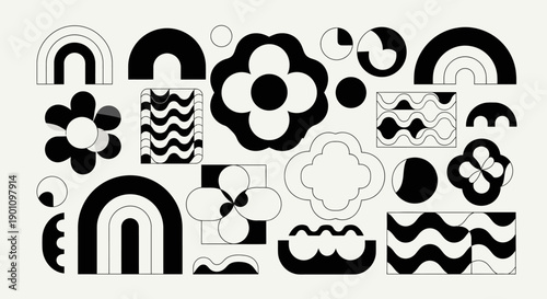 A collection of abstract black and white geometric shapes and patterns, including rainbows, flowers, and wavy lines.