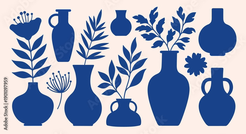 A collection of blue silhouette vases and botanical elements arranged on a light background.