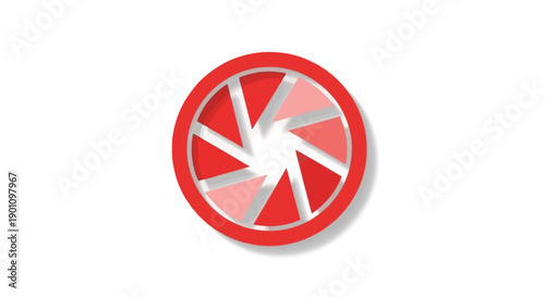 A red aperture symbol with six blades opening and closing in a circular motion.