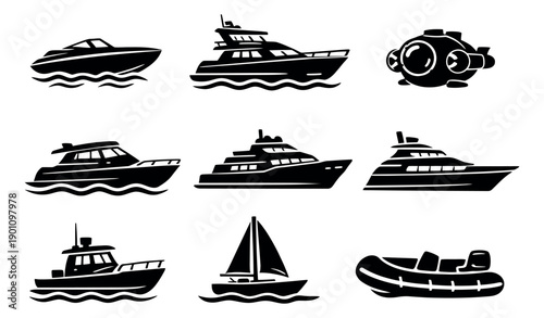 Black silhouette watercraft set featuring various boats, yachts, and a submarine for marine travel and leisure