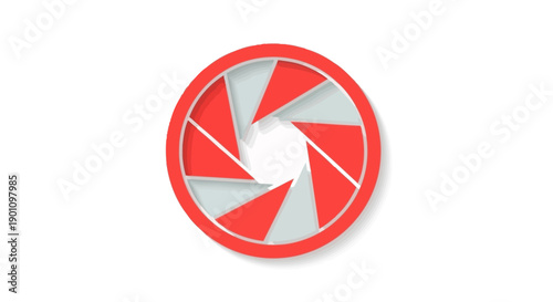 A stylized red and white camera aperture symbol with a white background and a subtle shadow.