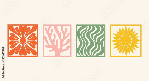 Four square panels featuring abstract, stylized natural elements in a retro color palette.