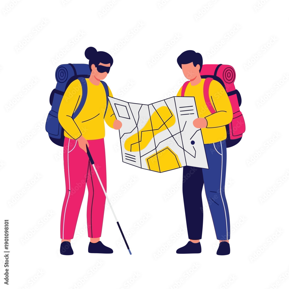 Fototapeta premium Friends planning adventure trip with map and backpacks