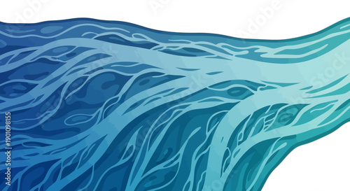Abstract illustration of a flowing river with branching tributaries in shades of blue and teal.