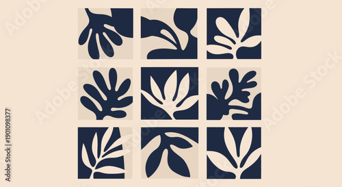 A grid of nine square panels, each featuring a dark blue abstract botanical silhouette against a light beige background.