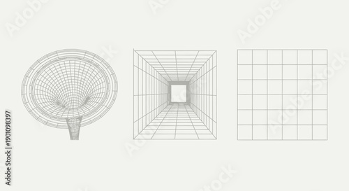 Three wireframe geometric shapes: a funnel, a pyramid, and a grid, presented against a neutral background.