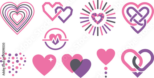 Modern abstract aura and heart symbols collection with 10 elements candy pink vegas violet soft charcoal nesting radiating hearts interlocking geometric sunburst warmth knot pulse icon floating dots 