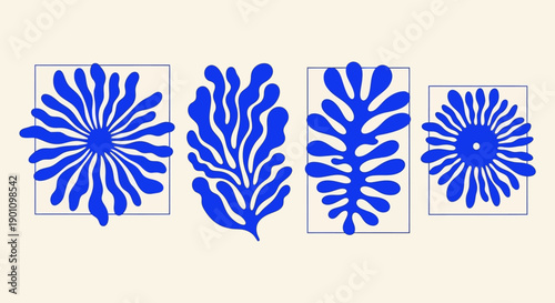 Four abstract blue plant-like shapes against a cream background, inspired by Matisse's cut-outs.