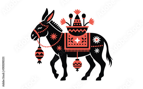 Decorative donkey with traditional clothing and ornaments festive holiday design black red and white colors