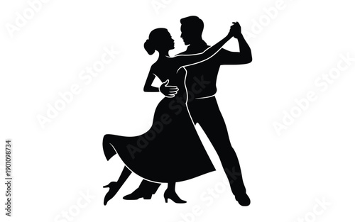 Silhouette of a man and woman dancing tango in black with white outline on a white background