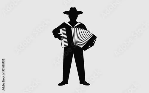 Silhouette of a man wearing a hat playing an accordion standing confidently with hands on hips and bellows open against a plain background