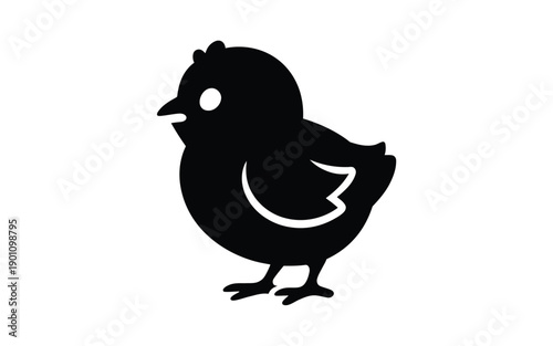Black silhouette of a cute chick standing alone on white background symbolizing simplicity and innocence in a minimalist design