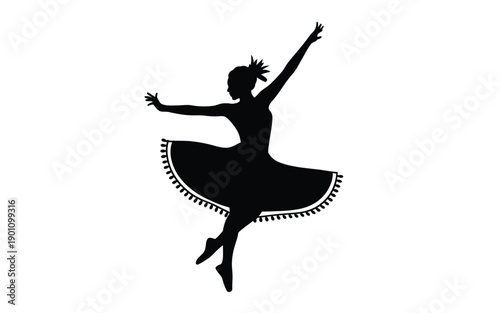 Silhouette of a woman dancing in a flowing dress with fringe arms outstretched in a joyful leap against a plain white background