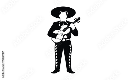 Mariachi musician playing guitar in traditional mexican costume and sombrero black and white vector illustration