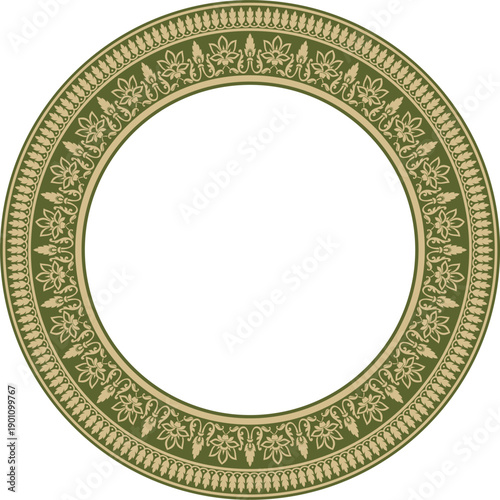 Vector round gold and green Indian national ornament. Ethnic plant circle, border. Frame, flower ring. Poppies and leaves.