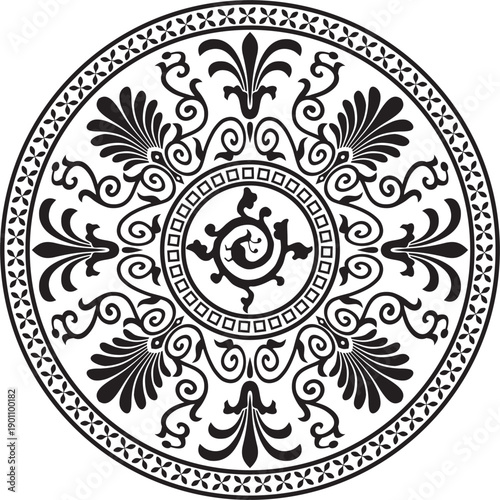 Vector monochrome round classical ornament of Ancient Greece and Roman Empire. Circle, Arabesque, Byzantine pattern