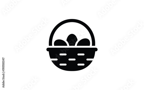 Black icon of a wicker basket filled with three fruits on a white background simple graphic design