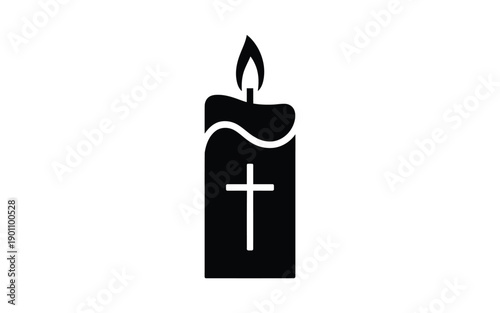 Black candle with cross symbol and flame on white background representing mourning and spirituality in a simple iconic design