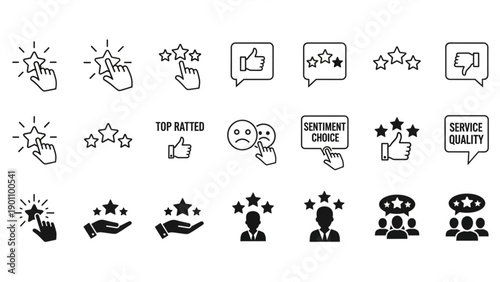Customer feedback and satisfaction ratings collection with star reviews and icons