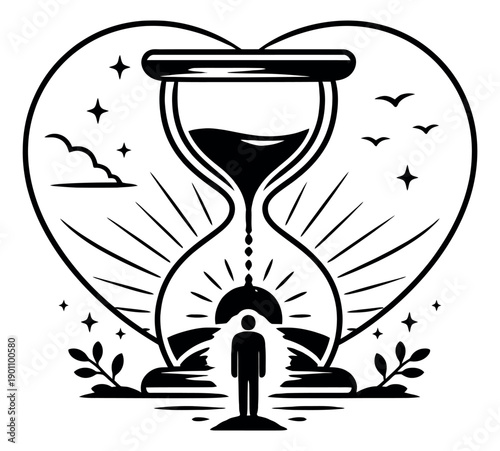 Line art illustration of an hourglass and a human figure within a heart depicting the passage of time and the journey of life