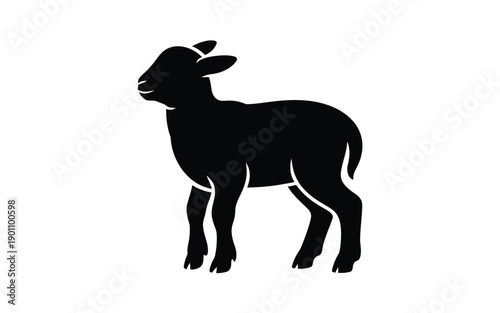 Black silhouette of a standing lamb with head up isolated on white background symbolizing innocence and purity in a simple graphic design