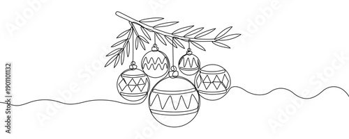 Christmas balls on a branch in one line art style. Christmas baubles drawing with editable black stroke on white background. Vector illustration.