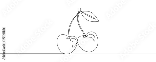 Cherries in one line art style. Drawing of two cherry berries with a leaf and editable black stroke on white background. Vector illustration.