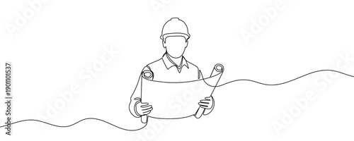 Engineer or builder in a hard hat holding a blueprint in one line art style. Drawing of a specialist with a construction plan made with a continuous black stroke on a white background.