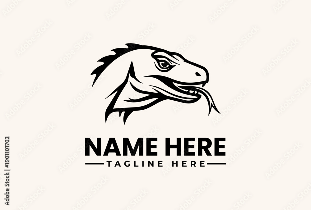Fototapeta premium Black and white illustration of a dinosaur head logo with a placeholder name and tagline on a plain beige background.