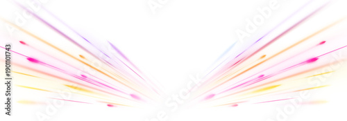Pink and yellow curved neon streaks sweep dynamically across dark digital background. Motion blur and bright highlights emphasize futuristic speed and energy. Perfect PNG for sci-fi visuals.