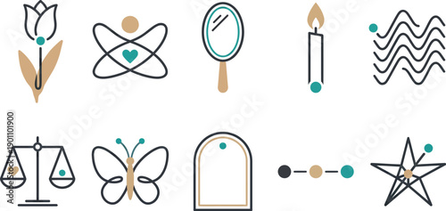 Minimalist line art and abstract connection icons with 10 elements charcoal warm beige hidden gem teal accent continuous line tulip abstract hug curved lines hand mirror candle wave lines geometric