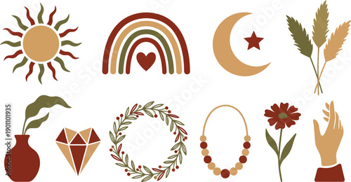 Boho chic and earthy motherhood motifs with 10 elements warm mahogany red desert sand olive green minimalist sun wavy rays semi circular rainbow arch heart moon star pampas grass stems terracotta 