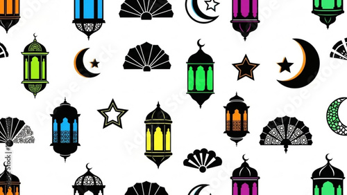 Colorful ramadan lanterns crescent moons and stars on white background islamic festival decorations