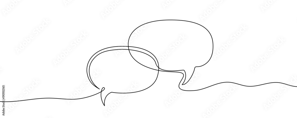 Fototapeta premium Dialogue in line art style. Minimalist drawing of two overlapping speech bubbles made in a continuous line. Vector illustration.