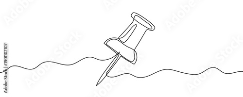 Push pin in line art style. Minimalist drawing of office stationery made in a continuous line. Vector illustration.