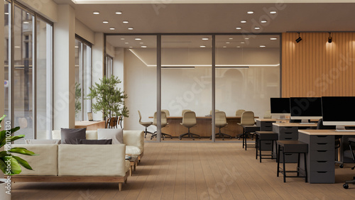 Obraz na płótnie 3D rendered modern office with rows of workstations, chairs, and glass partition