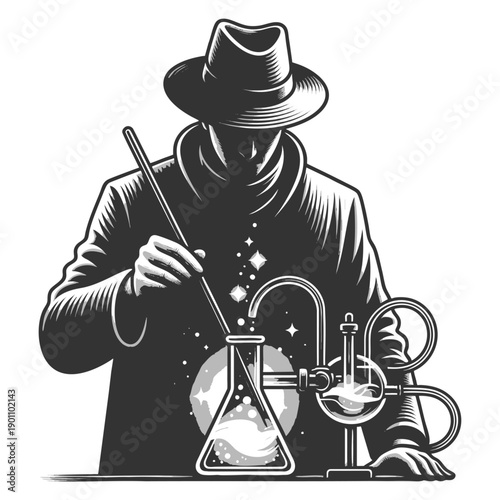 faceless figure in a hat creating a cosmic mixture in a lab setup, blending science and magic sketch engraving generative ai fictional character vector illustration. Scratch board. Black and white.