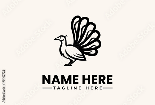 A black and white vector illustration of a stylized peacock with a customizable name and tagline on a clean background, featuring a logo and pictogram design elements.