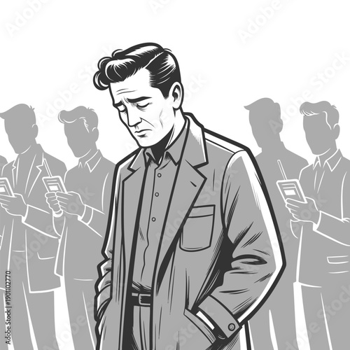 stern man among phone-absorbed clones, with flying cars overhead, symbolizing failed futuristic ideals sketch engraving generative ai vector illustration. Scratch board imitation. Black and white.