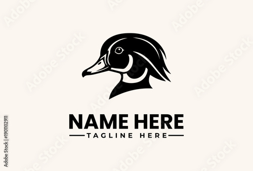 A black and white vector illustration of a duck's head logo with a customizable name and tagline on a clean background.