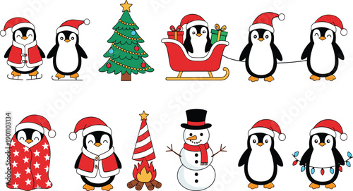 Cute Christmas penguin vector illustration set with holiday penguins in Santa hats a snowman Christmas tree and sleigh for festive winter greeting cards or stickers