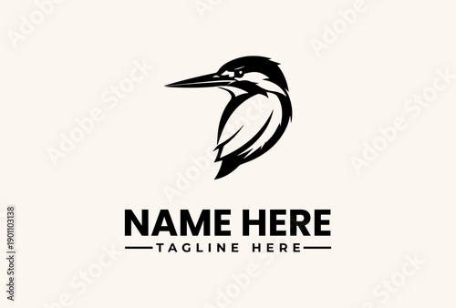 A minimalist illustration of a bird's head in black and white, accompanied by placeholder text for a logo or brand name on a beige background, featuring a simple vector design.