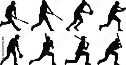 Baseball player silhouettes collection, athletes batting, catching, fielding and running in action poses, black vector icons set