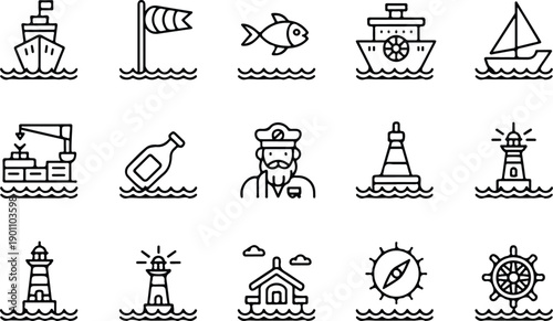 Marine & Port Vector Line Icon Pack  Harbor Illustration Set