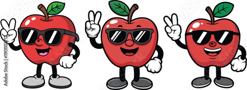 Cool Fruit Mascot Outline Manual Design Set  Apple Character with Sunglasses & Peace Sign