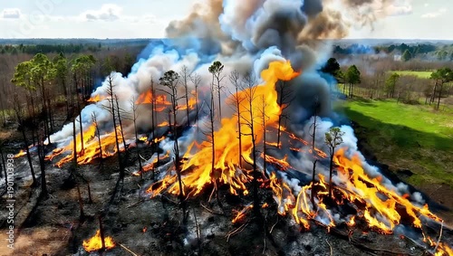 Wildfire engulfs forest landscape with vibrant flames and billowing smoke against a bright sky